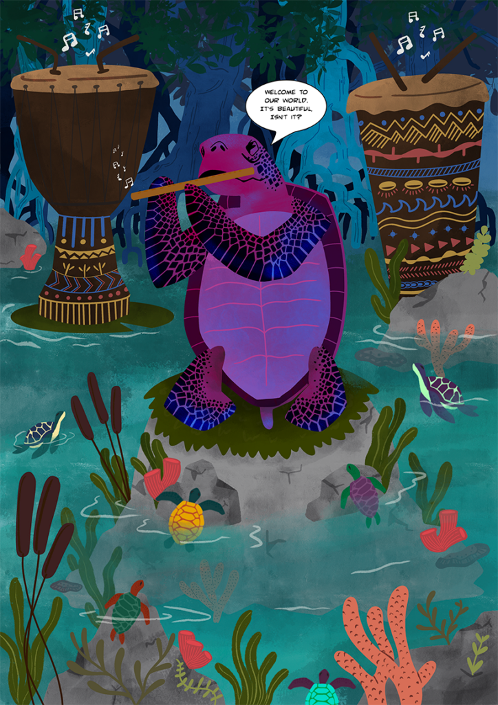 A comic image of the spirit turtle is making music in the deep sea