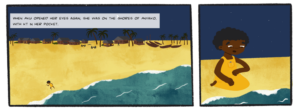A comic image of Aku waking up on the beach with KT in her pocket