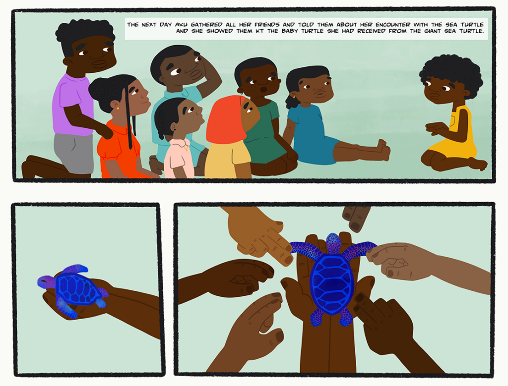 A comic page in whiuch Aku tells her friends about meeting the spirit turtles shows them the baby turtle, KT
