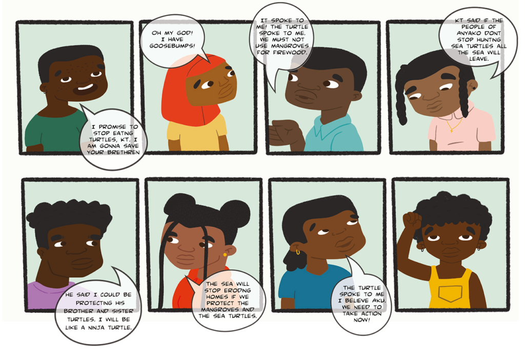 A comic page showing KT speaking to Aku's friends